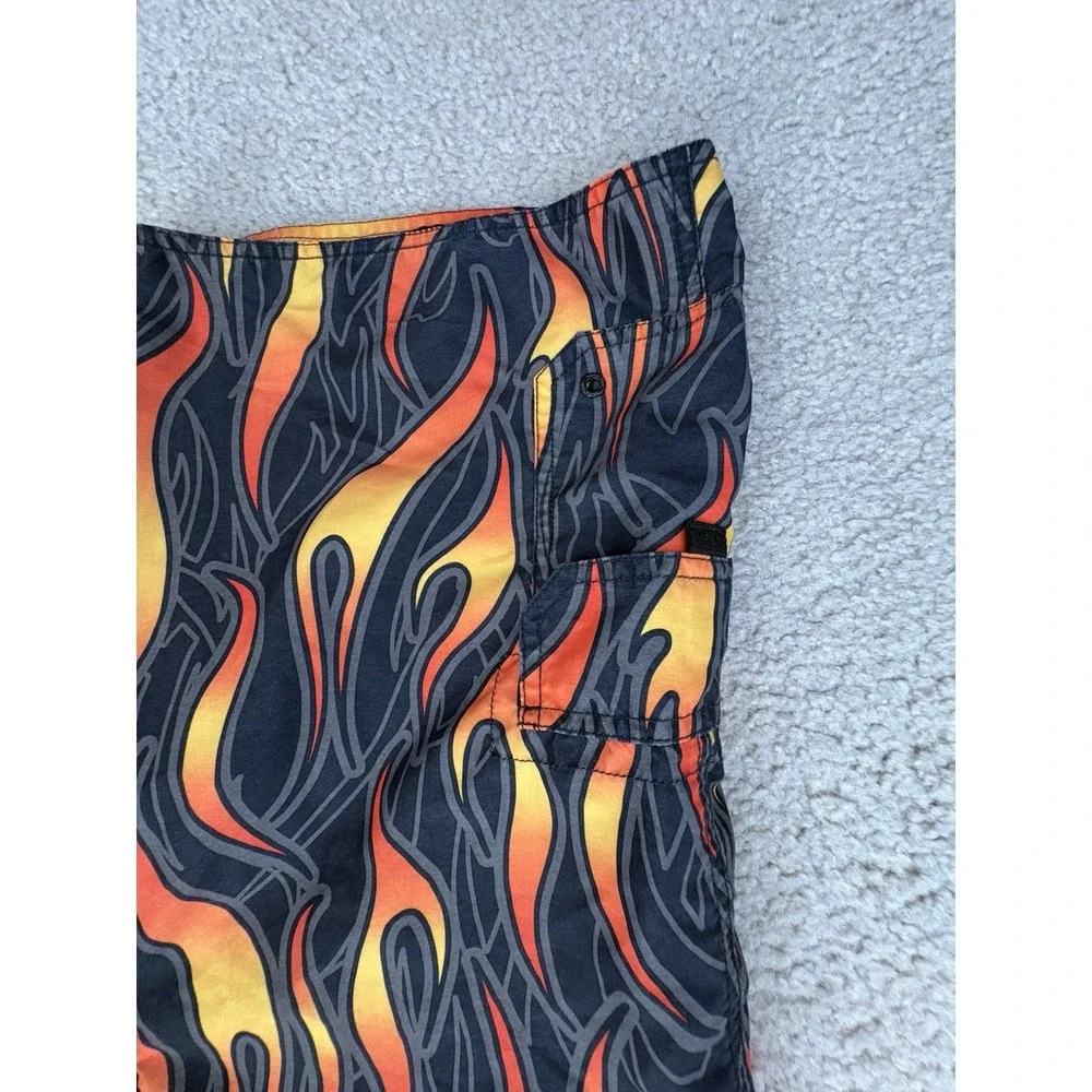 Hang Ten All Over Flame Print Board Shorts Swim Trunks Black Red Yellow Size XL